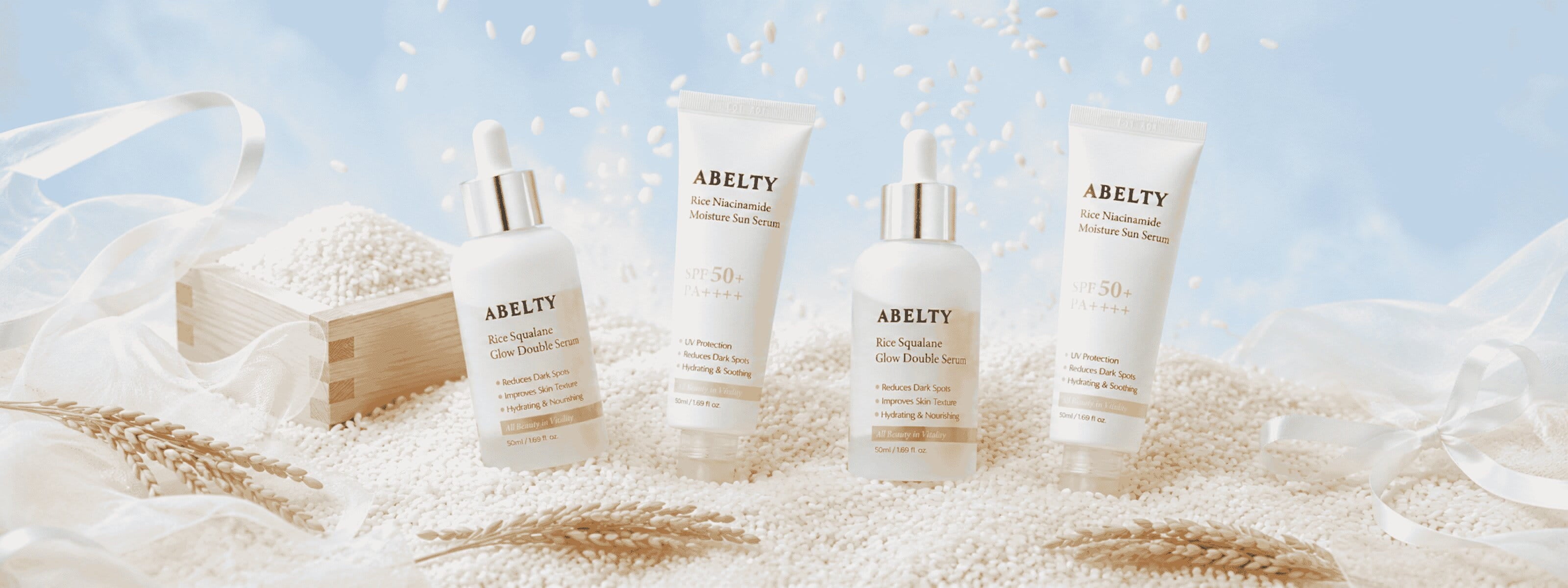 Abelty Korean skincare banner featuring Double Serum (EAN 8809990866809) and Sun Serum SPF50+ PA++++ (EAN 8809990866816) with rice bran water, niacinamide and hyaluronic acid for hydration, radiance and daily UV protection.