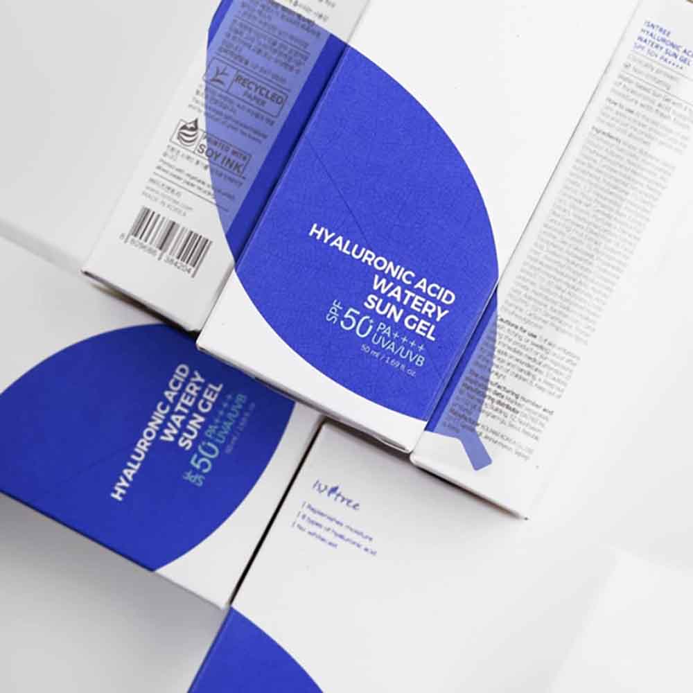 Verpackung K-Beauty Isntree Hyaluronic acid Watery Sun Gel 50 ml mit EAN 8809686384204 Koreanische Kosmetik Korean Skincare
